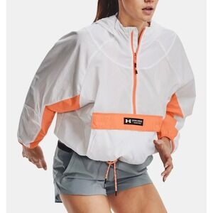 Under Armour Rush Woven Anorak Windbreaker size S White Orange Half Zip Hood NWT